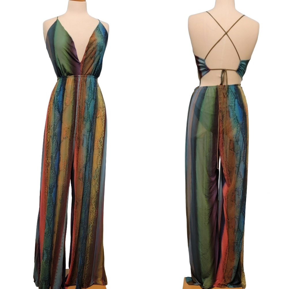 Fashion Nova Sheer Mixed Animal Print Kriss Kross Back Out Wide Leg Jumpsuit